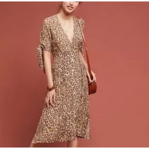 Faithfull The Brand Billie Leopard Animal Print Midi Dress Tan Brown Sz SM - Picture 1 of 12